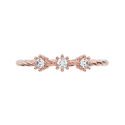 0.09Ct Round Cut Simulated Clear Diamond dainty Minimalist 3 stone knot twisted trio floral 14K / 18K Solid Rose Gold everyday wedding band