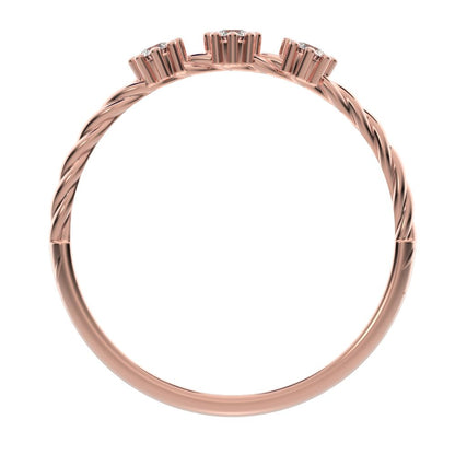 0.09 ct Round Cut Moissanite dainty Minimalist 3 stone knot twisted trio floral 14K / 18K Solid Rose Gold everyday wedding band
