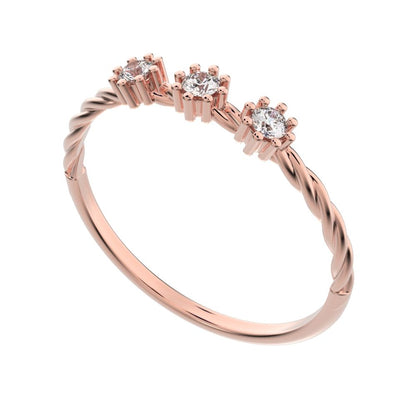 0.09 ct Round Cut Moissanite dainty Minimalist 3 stone knot twisted trio floral 14K / 18K Solid Rose Gold everyday wedding band