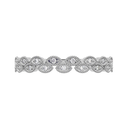 0.095Ct Round Cut Simulated Clear Diamond half eternity Stackable eye milgrain overlap 14K / 18K Solid White Gold everyday wedding band