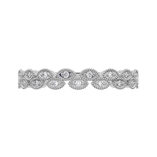 0.095Ct Round Cut Simulated Clear Diamond half eternity Stackable eye milgrain overlap 14K / 18K Solid White Gold everyday wedding band
