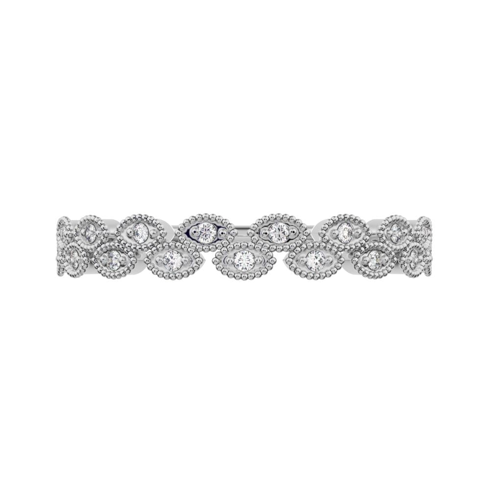 0.095Ct Round Cut Moissanite Minimalist half eternity Stackable eye milgrain overlap 14K / 18K Solid White Gold everyday wedding band