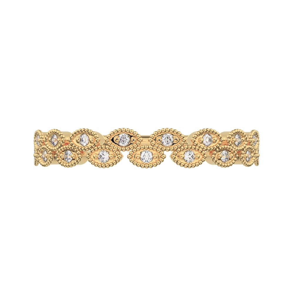 0.095Ct Round Cut Moissanite Minimalist half eternity Stackable eye milgrain overlap 14K / 18K Solid Yellow Gold everyday wedding band