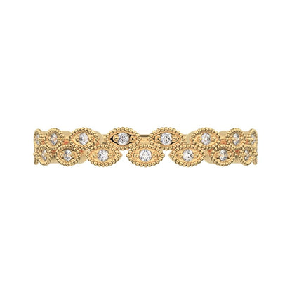 0.095Ct Round Cut Moissanite Minimalist half eternity Stackable eye milgrain overlap 14K / 18K Solid Yellow Gold everyday wedding band