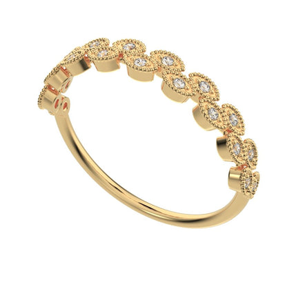 0.095Ct Round Cut Moissanite Minimalist half eternity Stackable eye milgrain overlap 14K / 18K Solid Yellow Gold everyday wedding band