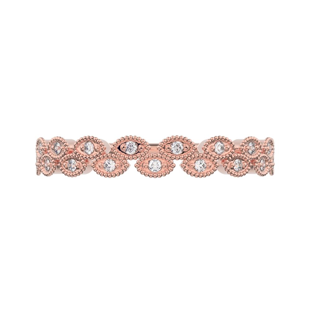 0.095Ct Round Cut Simulated Clear Diamond half eternity Stackable eye milgrain overlap 14K / 18K Solid Rose Gold everyday wedding band
