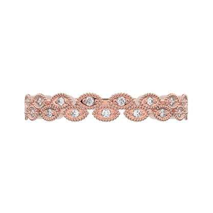 0.095Ct Round Cut Simulated Clear Diamond half eternity Stackable eye milgrain overlap 14K / 18K Solid Rose Gold everyday wedding band