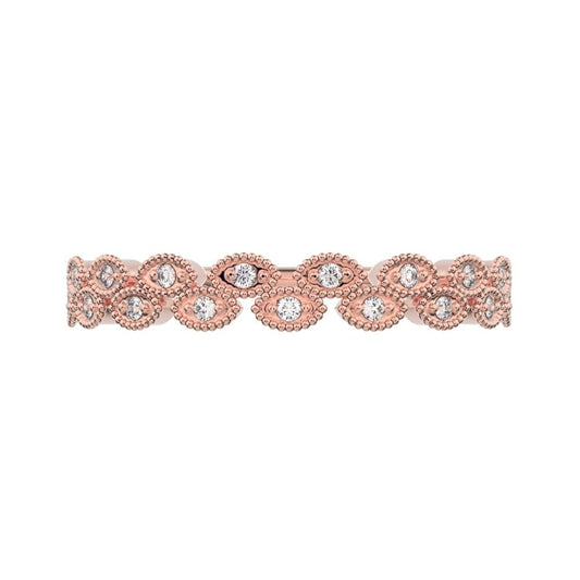 0.095Ct Round Cut Moissanite dainty Minimalist half eternity Stackable eye milgrain overlap 14K / 18K Solid Rose Gold everyday wedding band