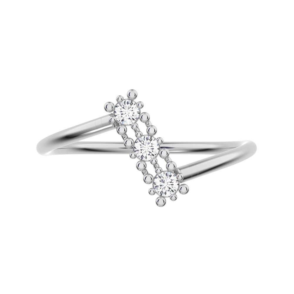 0.09 ct Round Cut Moissanite dainty Minimalist 3 stone bypass spiral light simple 14K / 18K Solid White Gold everyday ring