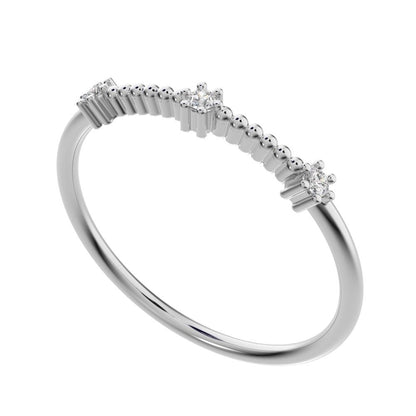 0.045 ct Round Cut Moissanite dainty Minimalist beaded 3 stone Stackable light 14K / 18K Solid White Gold everyday wedding band