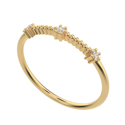0.045 ct Round Cut Moissanite dainty Minimalist beaded 3 stone Stackable light 14K / 18K Solid Yellow Gold everyday wedding band