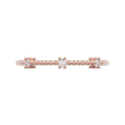 0.045 ct Round Cut Moissanite dainty Minimalist beaded 3 stone Stackable light 14K / 18K Solid Rose Gold everyday wedding band