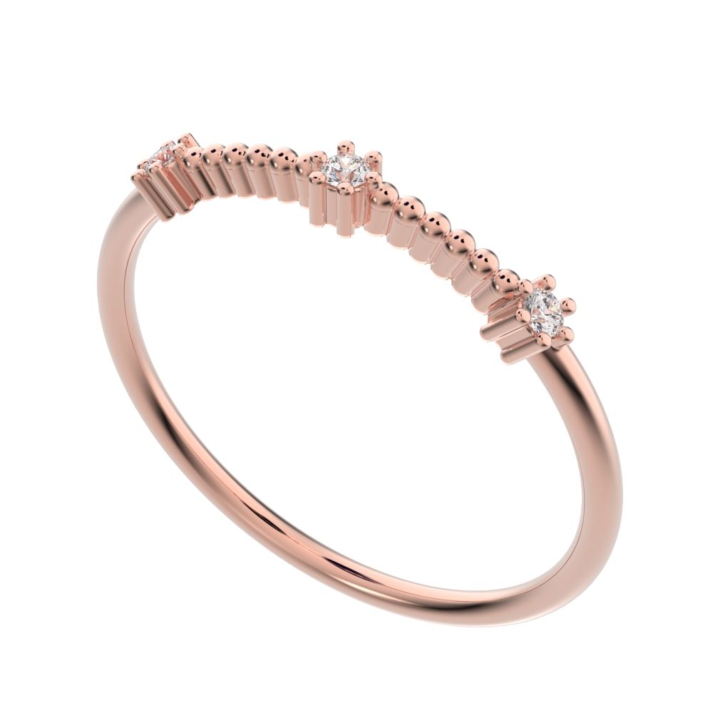 0.045 ct Round Cut Simulated Clear Diamond dainty Minimalist beaded 3 stone Stackable light 14K / 18K Solid Rose Gold everyday wedding band
