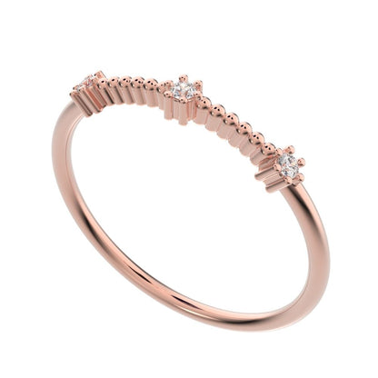 0.045 ct Round Cut Moissanite dainty Minimalist beaded 3 stone Stackable light 14K / 18K Solid Rose Gold everyday wedding band