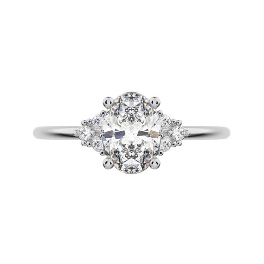 1.06 ct Oval Cut Simulated Clear Diamond dainty Minimalist cluster classic solitaire with accents 14K / 18K Solid White Gold everyday ring