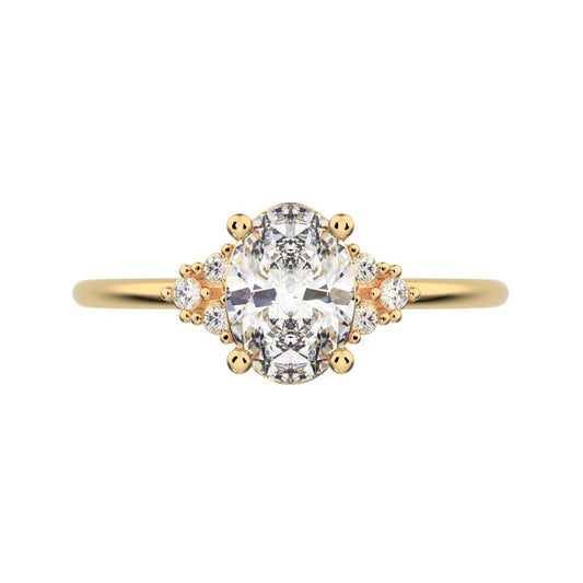1.06 ct Oval Cut Simulated Clear Diamond dainty Minimalist cluster classic solitaire with accents 14K / 18K Solid Yellow Gold everyday ring