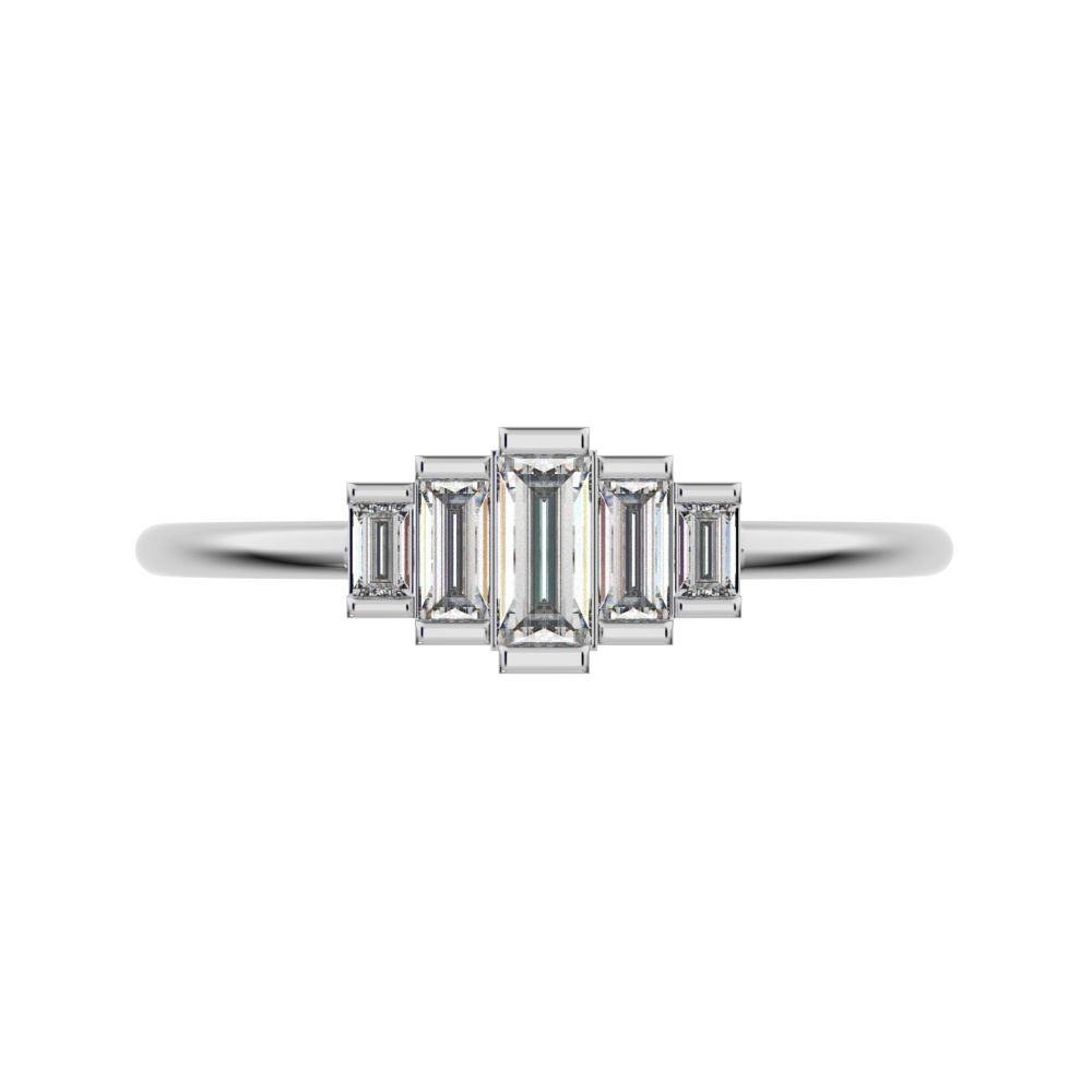 0.3 ct Baguette Cut Simulated Clear Diamond Minimalist step-cut art deco solitaire with accents 14K / 18K Solid White Gold everyday ring