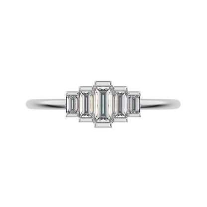 0.3 ct Baguette Cut Simulated Clear Diamond Minimalist step-cut art deco solitaire with accents 14K / 18K Solid White Gold everyday ring