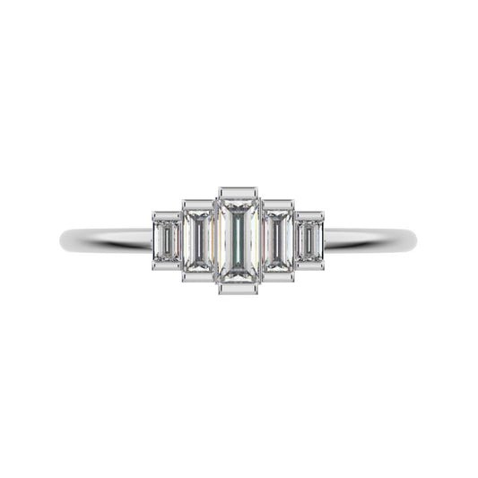 0.3 ct Baguette Cut Moissanite dainty Minimalist step-cut art deco cluster solitaire with accents 14K / 18K Solid White Gold everyday ring