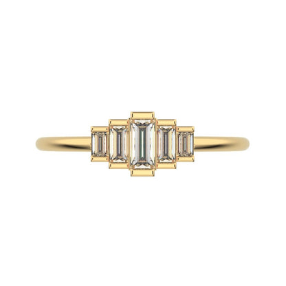0.3 ct Baguette Cut Simulated Clear Diamond Minimalist step-cut art deco solitaire with accents 14K / 18K Solid Yellow Gold everyday ring