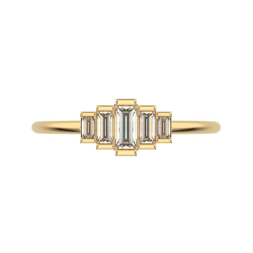 0.3 ct Baguette Cut Moissanite dainty Minimalist step-cut art deco cluster solitaire with accents 14K / 18K Solid Yellow Gold everyday ring