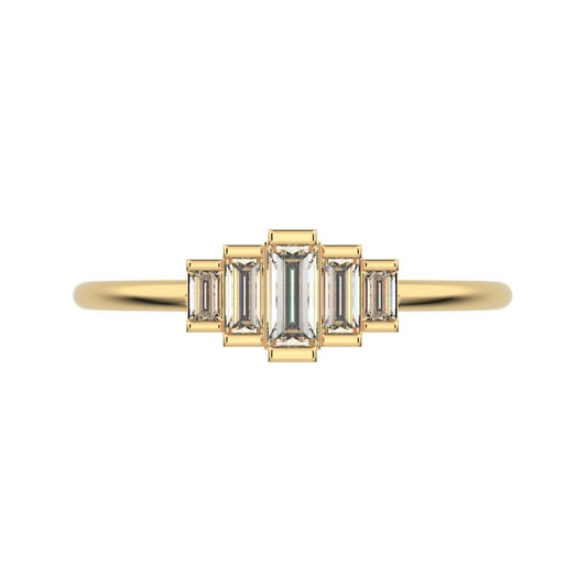 0.3 ct Baguette Cut Moissanite dainty Minimalist step-cut art deco cluster solitaire with accents 14K / 18K Solid Yellow Gold everyday ring