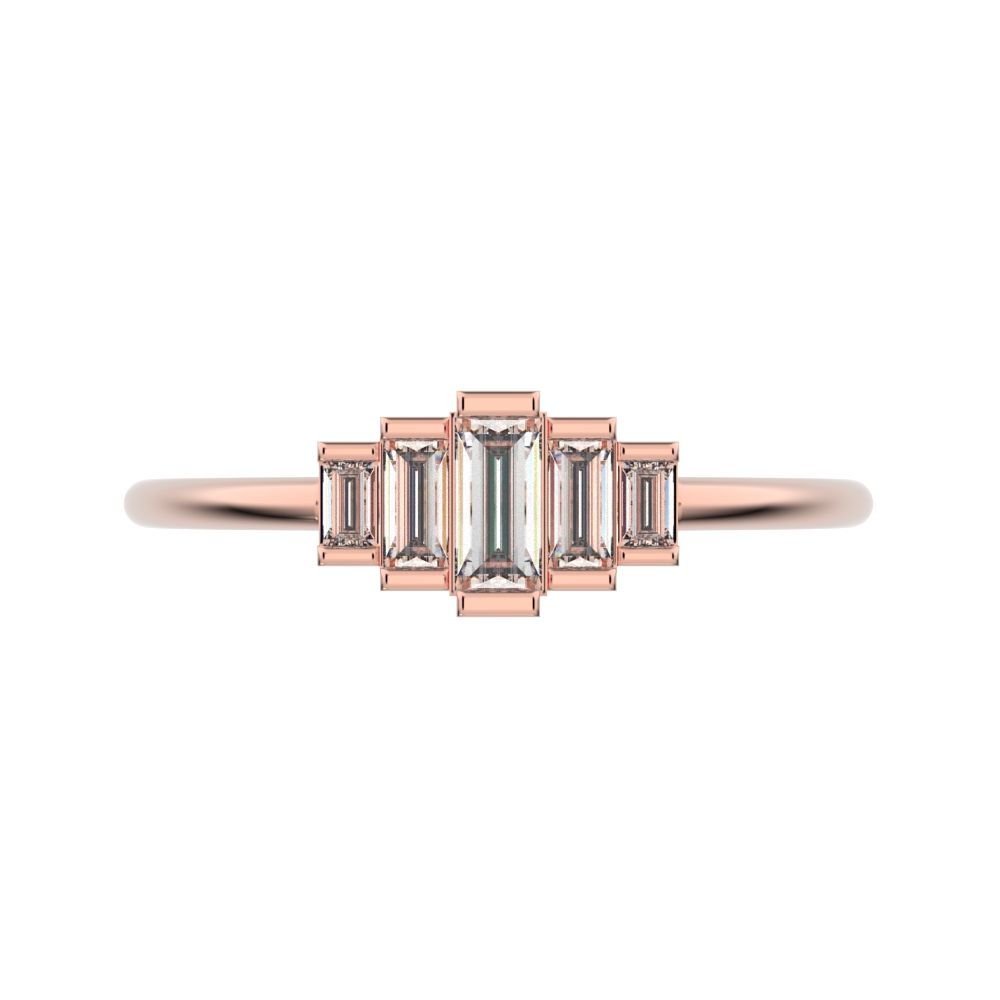 0.3 ct Baguette Cut Simulated Clear Diamond Minimalist step-cut art deco solitaire with accents 14K / 18K Solid Rose Gold everyday ring