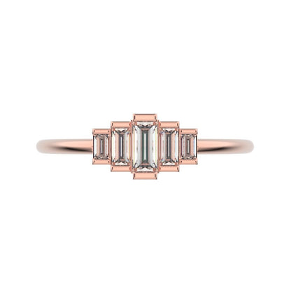 0.3 ct Baguette Cut Simulated Clear Diamond Minimalist step-cut art deco solitaire with accents 14K / 18K Solid Rose Gold everyday ring