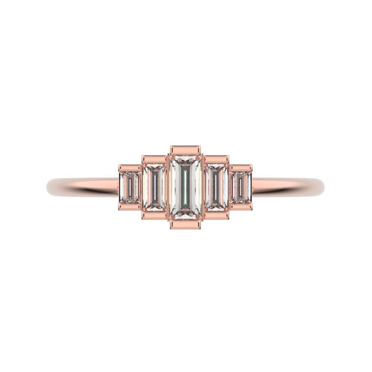 0.3 ct Baguette Cut Simulated Clear Diamond Minimalist step-cut art deco solitaire with accents 14K / 18K Solid Rose Gold everyday ring