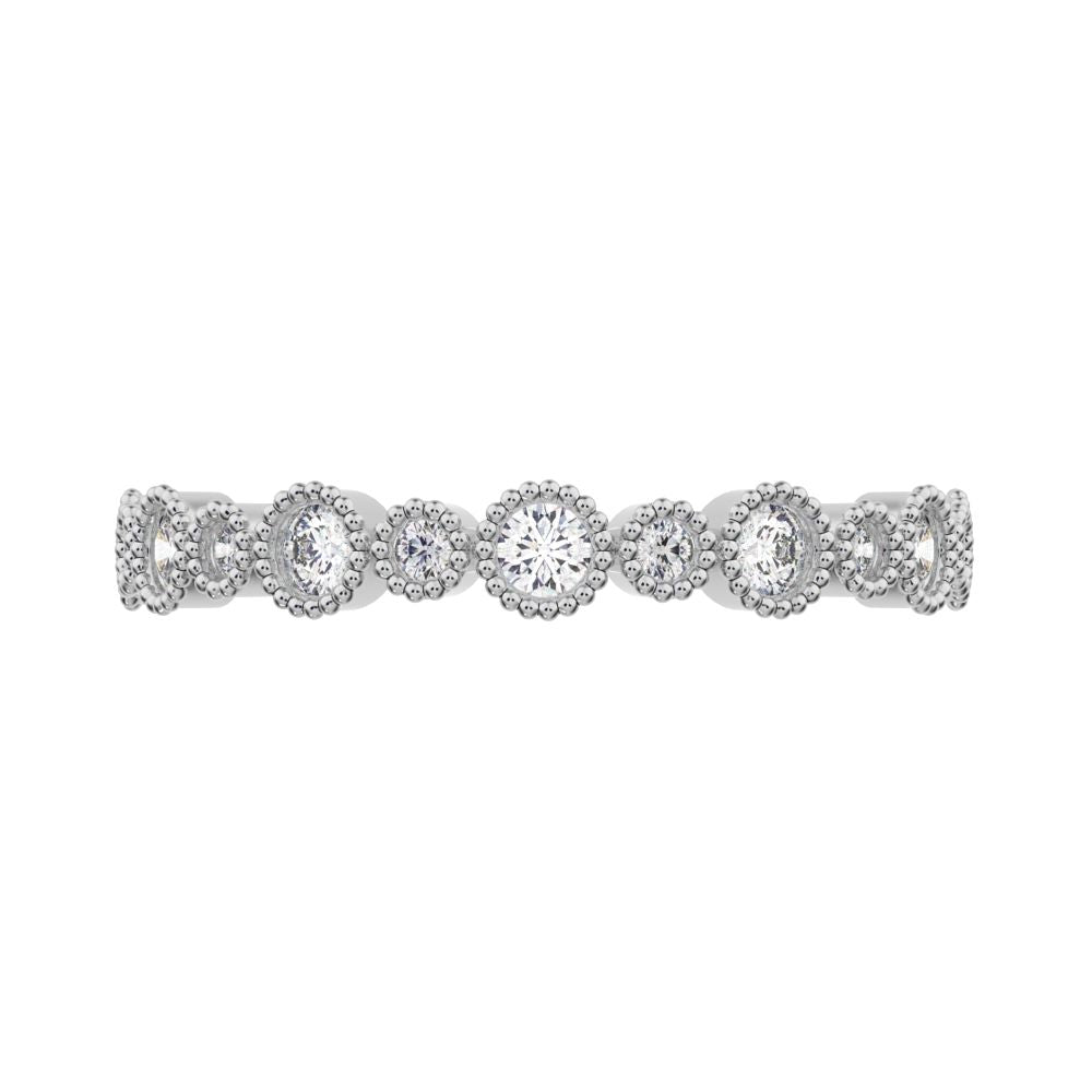 0.27 ct Round Cut Moissanite dainty Minimalist Stackable half eternity bezel milgrain 14K / 18K Solid White Gold everyday wedding band