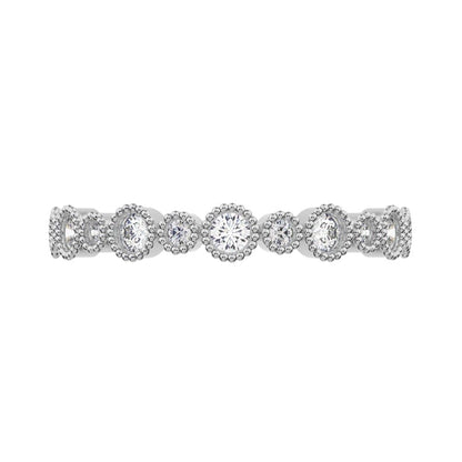 0.27 ct Round Cut Moissanite dainty Minimalist Stackable half eternity bezel milgrain 14K / 18K Solid White Gold everyday wedding band