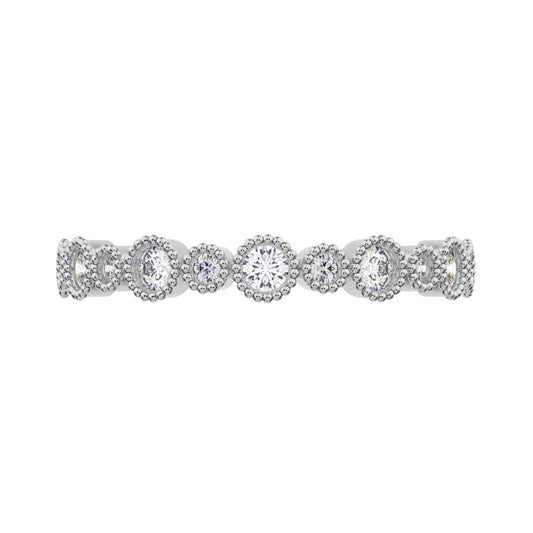 0.27 ct Round Cut Moissanite dainty Minimalist Stackable half eternity bezel milgrain 14K / 18K Solid White Gold everyday wedding band
