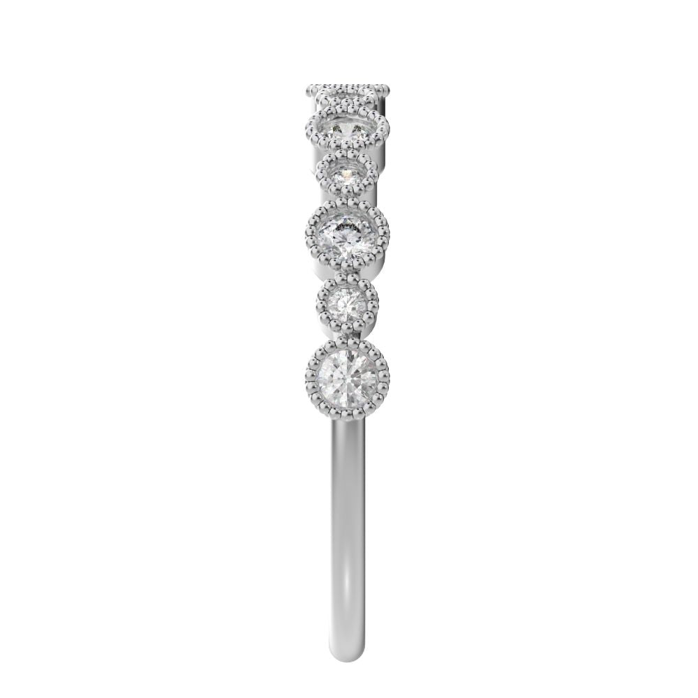 0.27 ct Round Cut Moissanite dainty Minimalist Stackable half eternity bezel milgrain 14K / 18K Solid White Gold everyday wedding band