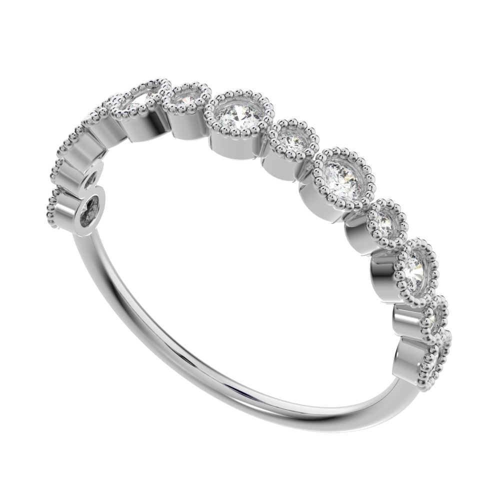 0.27 ct Round Cut Moissanite dainty Minimalist Stackable half eternity bezel milgrain 14K / 18K Solid White Gold everyday wedding band
