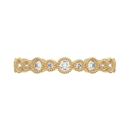 0.27 ct Round Cut Moissanite dainty Minimalist Stackable half eternity bezel milgrain 14K / 18K Solid Yellow Gold everyday wedding band