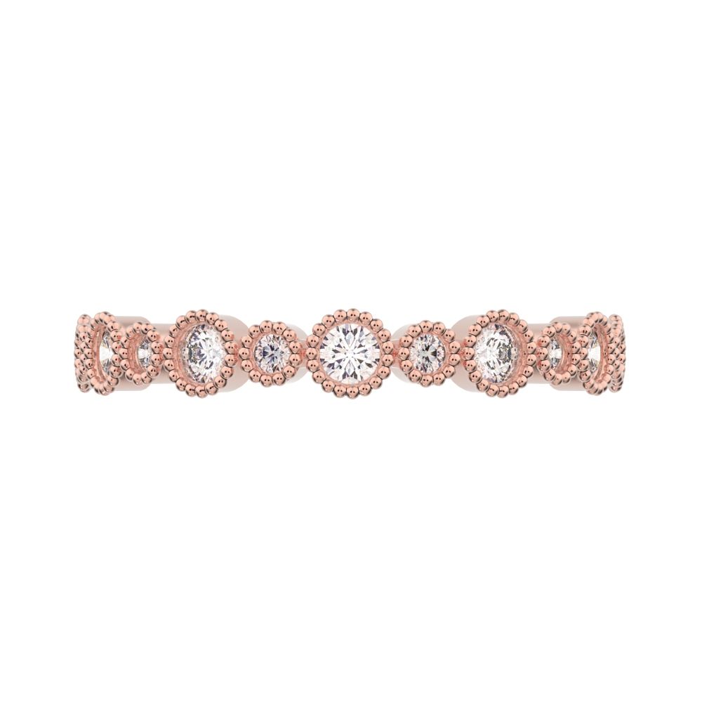 0.27 ct Round Cut Moissanite dainty Minimalist Stackable half eternity bezel milgrain 14K / 18K Solid Rose Gold everyday wedding band