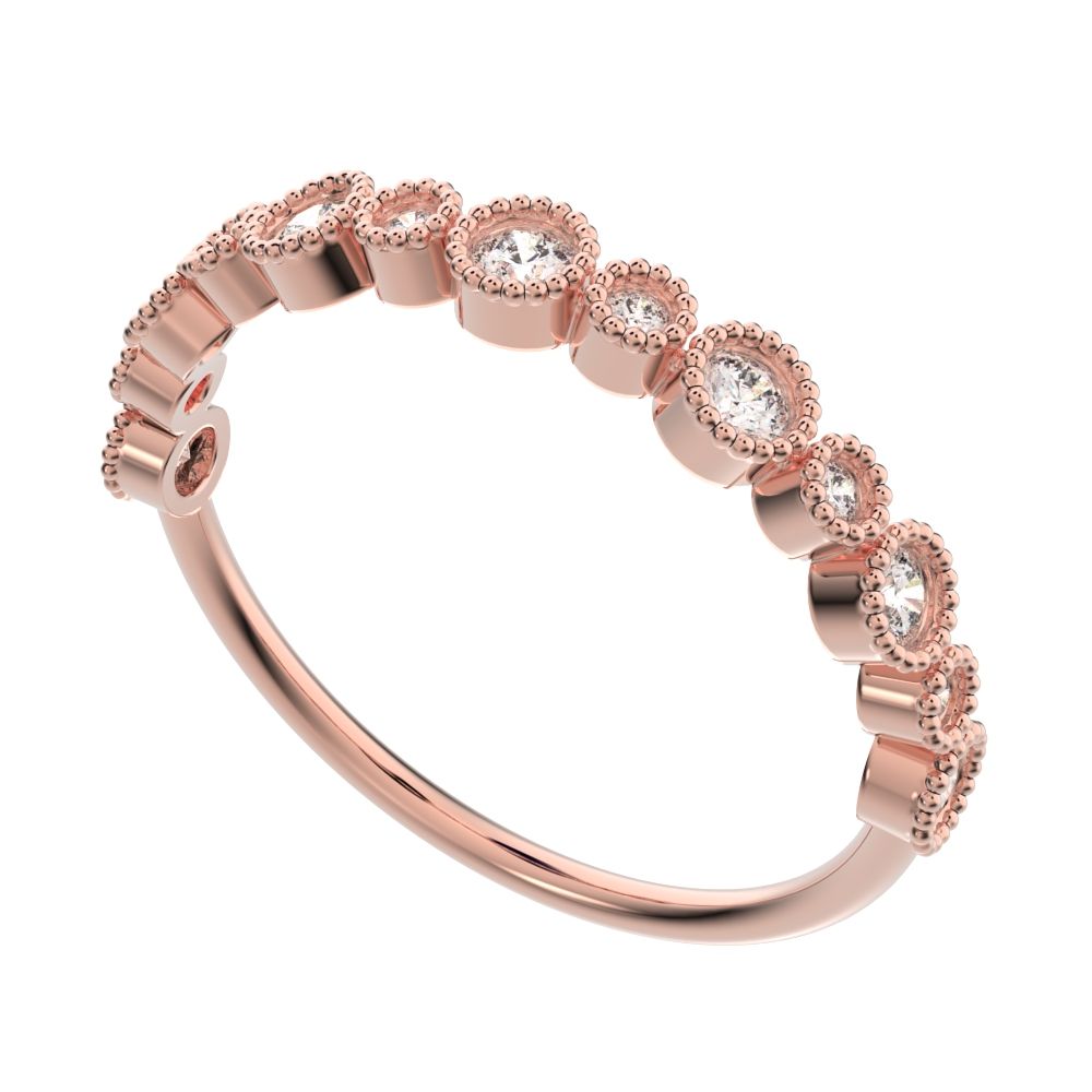 0.27 ct Round Cut Moissanite dainty Minimalist Stackable half eternity bezel milgrain 14K / 18K Solid Rose Gold everyday wedding band