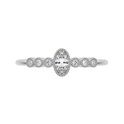0.195 ct Oval Cut Simulated Clear Diamond dainty halo Minimalist solitaire with accents milgrain 14K / 18K Solid White Gold everyday ring