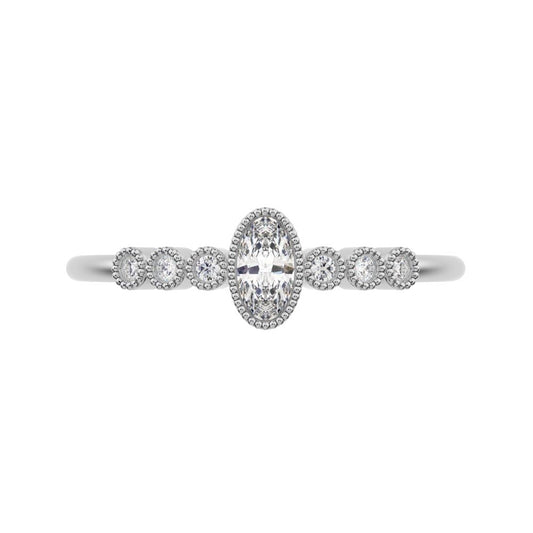 0.195 ct Oval Cut Moissanite dainty halo Minimalist solitaire with accents bezel milgrain 14K / 18K Solid White Gold everyday ring