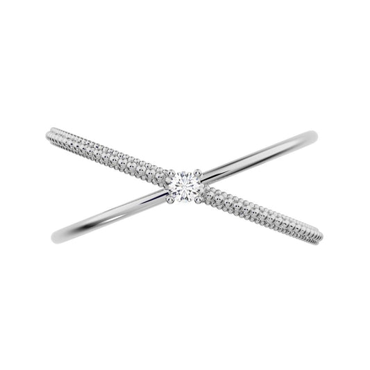 0.03 ct Round Cut Moissanite dainty Minimalist crisscross X ring halo cocktail 14K / 18K Solid White Gold everyday wedding band