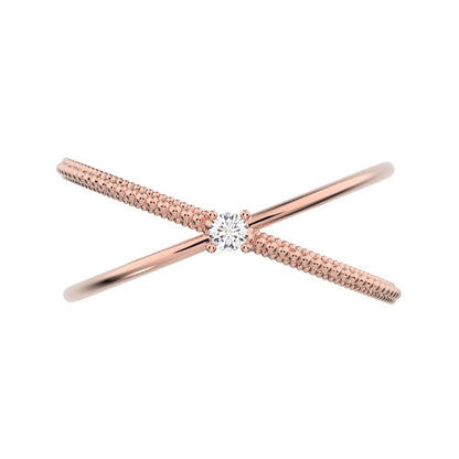 0.03 ct Round Cut Moissanite dainty Minimalist crisscross X ring halo cocktail 14K / 18K Solid Rose Gold everyday wedding band