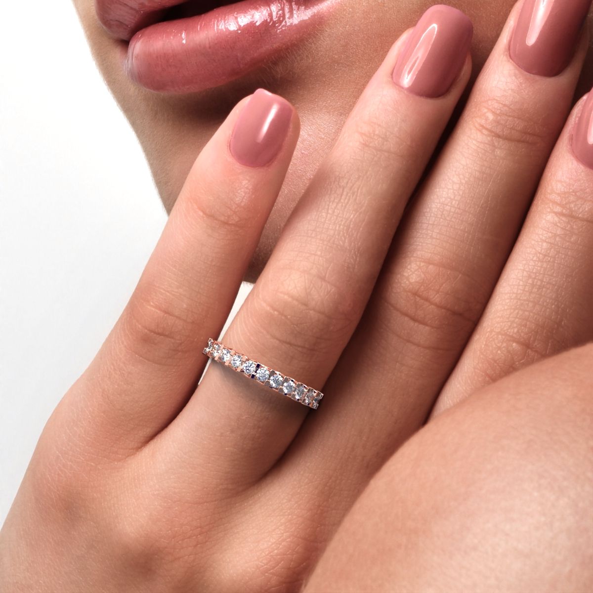 0.39 ct Round Cut Moissanite dainty Minimalist Stackable half eternity light simple 14K / 18K Solid Rose Gold everyday wedding band