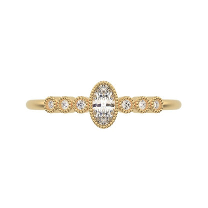 0.195 ct Oval Cut Simulated Clear Diamond dainty halo Minimalist solitaire with accents milgrain 14K / 18K Solid Yellow Gold everyday ring