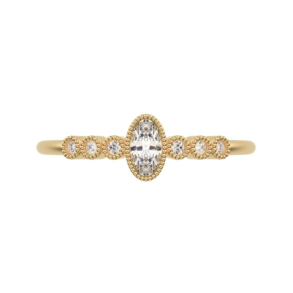 0.195 ct Oval Cut Moissanite dainty halo Minimalist solitaire with accents bezel milgrain 14K / 18K Solid Yellow Gold everyday ring