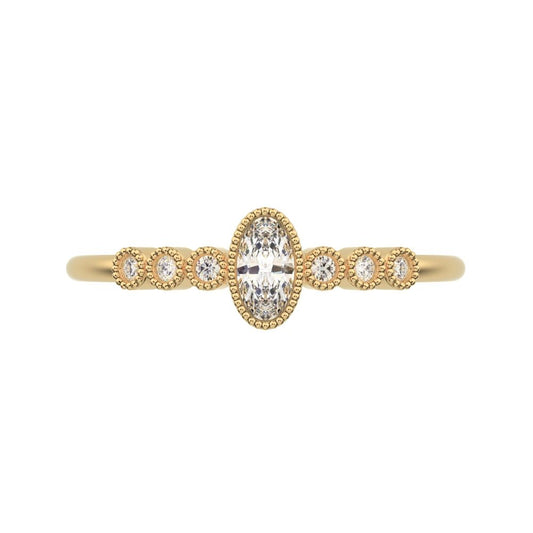 0.195 ct Oval Cut Moissanite dainty halo Minimalist solitaire with accents bezel milgrain 14K / 18K Solid Yellow Gold everyday ring