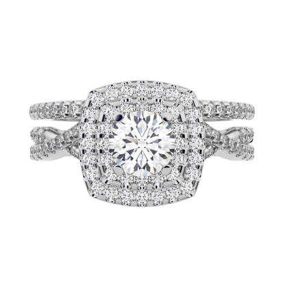 1.2025 ct Round Cut Simulated Clear Diamond solitaire with accents halo cluster anniversary vintage split shank 14k White Gold bridal set