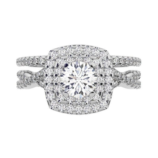 1.2025 ct Round Cut Simulated Clear Diamond solitaire with accents halo cluster anniversary vintage split shank 14k White Gold bridal set