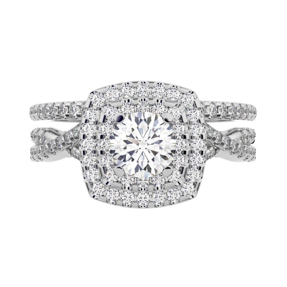 1.2025 ct Round Cut Moissanite anniversary solitaire with accents halo split shank cluster vintage 14k White Gold bridal set