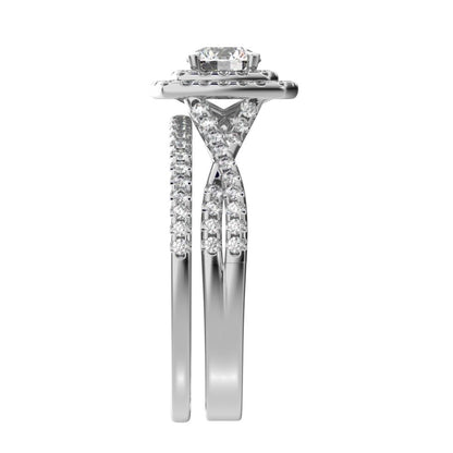 1.2025 ct Round Cut Simulated Clear Diamond solitaire with accents halo cluster anniversary vintage split shank 14k White Gold bridal set