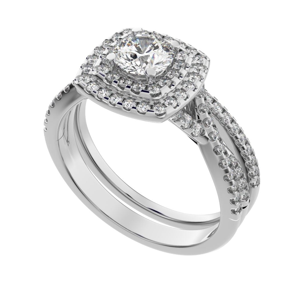 1.2025 ct Round Cut Simulated Clear Diamond solitaire with accents halo cluster anniversary vintage split shank 14k White Gold bridal set